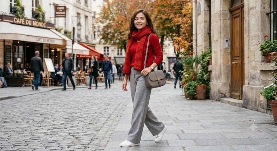 Quần âu xám giúp cân bằng sắc đỏ, mang đến vẻ ngoài thanh lịch và hiện đại.