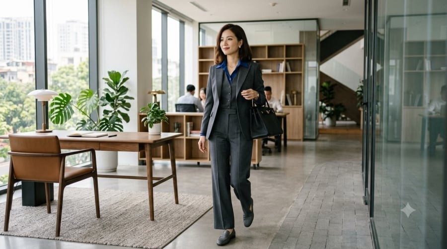 Sơ mi xanh lam phối suit xám tạo diện mạo chuyên nghiệp, hiện đại mà vẫn giữ nét thanh lịch cho nàng công sở.