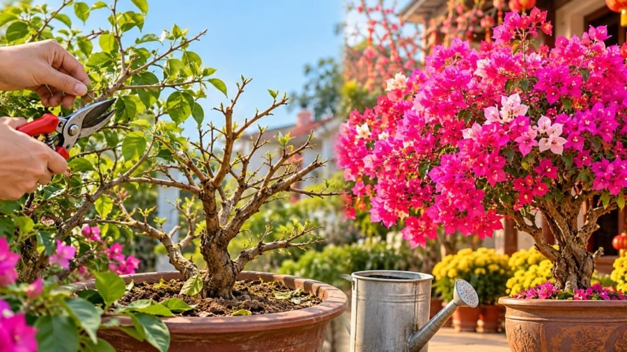 Cắt tỉa và xiết nước đúng sẽ giúp cây hoa giấy ra hoa vào thời điểm Tết nguyên đán
