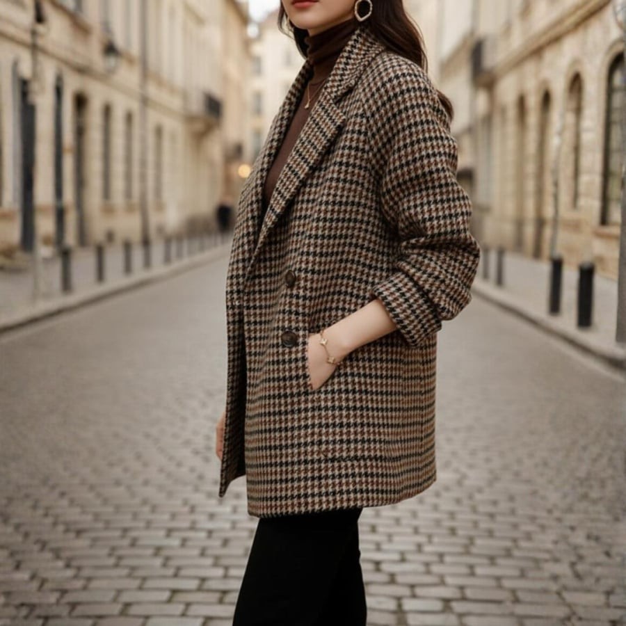 Blazer dáng rộng và họa tiết kẻ caro mang đến vẻ trẻ trung, thanh lịch, dễ phối cùng sơ mi và gile len.