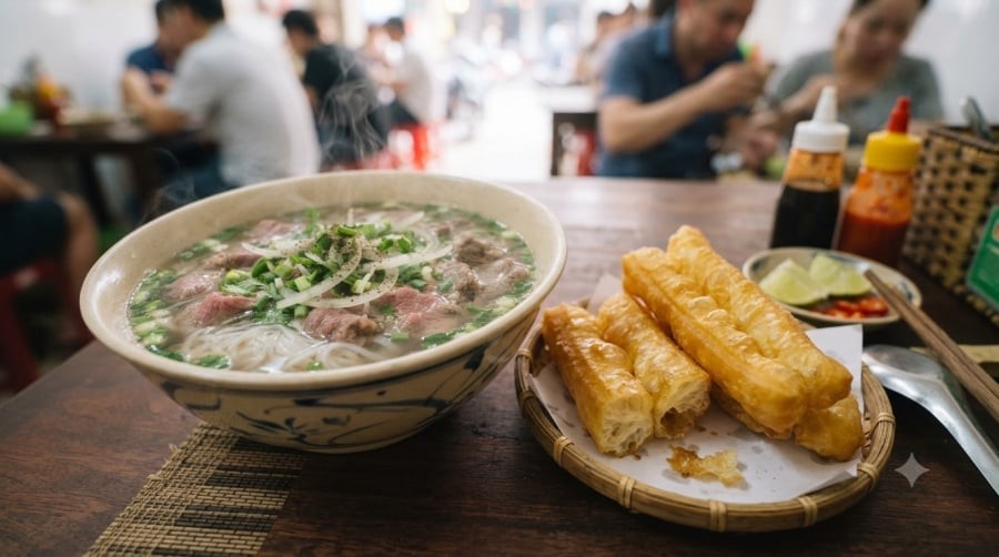 Ăn phở kèm quẩy chiên thường xuyên có thể làm tăng lượng năng lượng và chất béo trong bữa sáng.