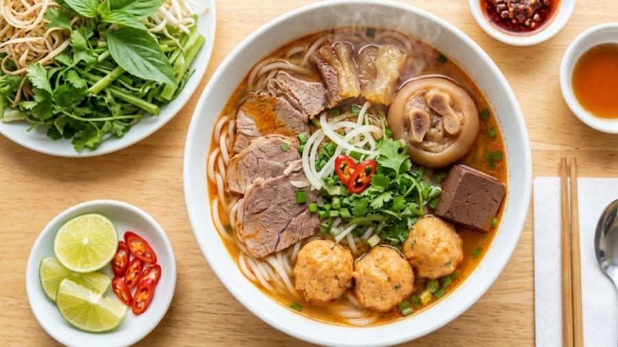 Bún bò Huế có thể ăn kèm các loại rau sống như hoa chuối bào, rau muống chẻ...