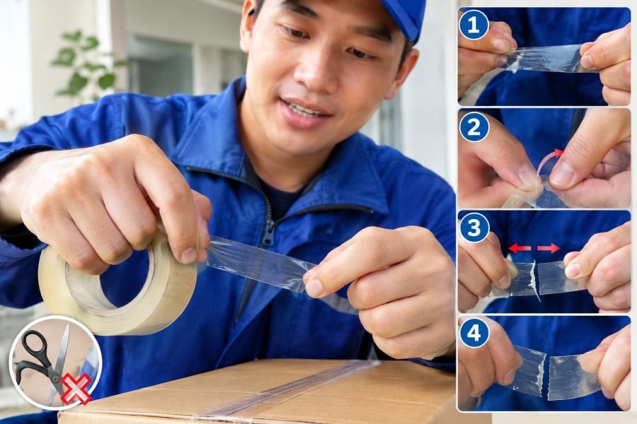 Khi cần dán thùng carton, gói quà, cố định túi đồ hay đóng gói một món hàng nhỏ, nhiều người có thói quen tìm ngay một chiếc kéo để cắt băng dính. Tuy nhiên, nếu đang cần làm nhanh và băng dính không quá dày, có một mẹo đơn giản chỉ cần dùng 2 ngón tay cũng có thể giúp xé băng dính khá gọn.