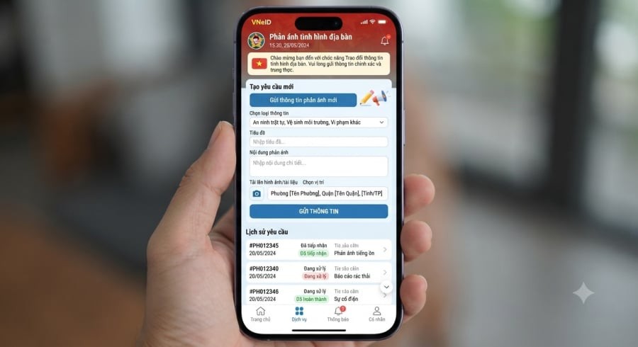 Người dùng đủ điều kiện có thể tạo yêu cầu trao đổi thông tin và kiểm tra lịch sử ngay trên VNeID; tài khoản phải được phân quyền mới sử dụng được chức năng này.