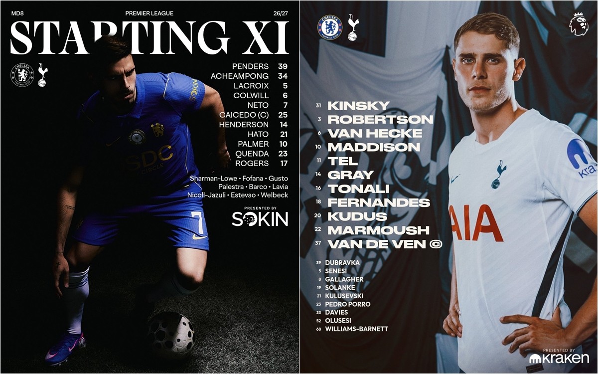 Đội hình ra sân của Chelsea và Tottenham Hotspur. Ảnh: Chelsea FC/Tottenham Hotspur FC.