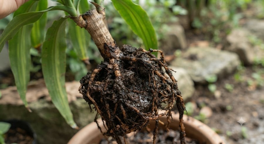 Rễ thối, thân mềm nhũn là những dấu hiệu cần chú ý, thường liên quan đến tình trạng đất quá ẩm hoặc chậu thoát nước kém.