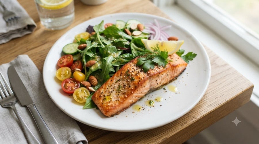 Cá béo giàu omega-3 và rau lá xanh cung cấp nhiều dưỡng chất có lợi cho tim mạch, não bộ và sức khỏe tổng thể.