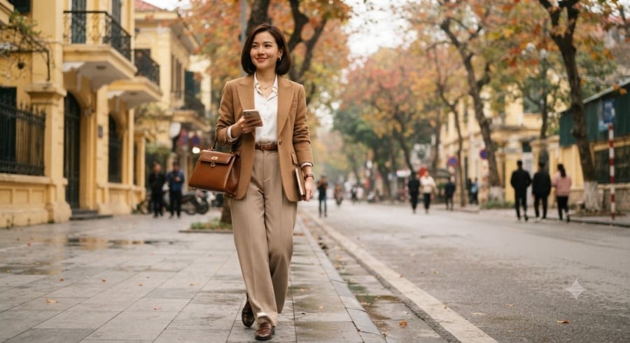 Blazer, sơ mi trắng và quần âu màu trung tính tạo nên công thức phối đồ công sở mùa thu thanh lịch, không cần nhiều chi tiết cầu kỳ.