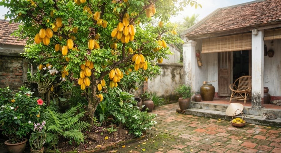 Cây khế vừa tạo bóng mát vừa cho quả, phù hợp với những gia đình yêu thích không gian xanh gần gũi.