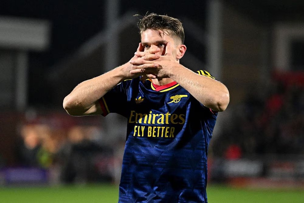 Viktor Gyokeres ghi bàn trong trận thua Fleetwood Town. Ảnh: Stuart MacFarlane/Arsenal FC.