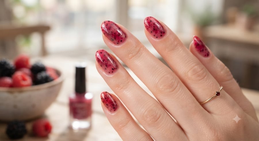 Nail berry chấm bi mang cảm hứng từ quả mâm xôi, tạo nét ngọt ngào và trẻ trung cho đôi tay.
