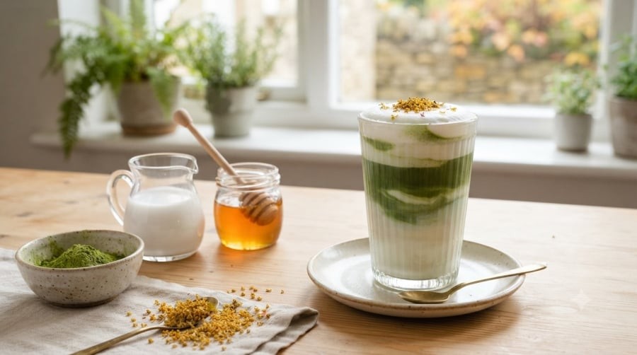 Chỉ với bột matcha, nước cốt dừa, mật ong và một chút hoa mộc khô, bạn có thể tự pha thức uống thơm béo, hấp dẫn ngay tại nhà.