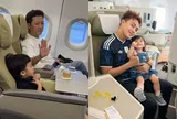 Con sao Việt ngồi máy bay hạng thương gia đi chơi hè: Trường Giang một mình chăm con, ái nữ nhà Kha Ly thích thú