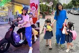 Vân Trang lái xe máy đèo cặp song sinh đi dạo phố, bé Ba - bé Tư có khuôn miệng cười duyên giống hệt mẹ