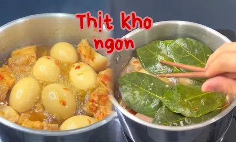 Kho thịt cùng loại lá này, thịt lên màu vàng óng, mềm tan, chẳng mất công thắng đường