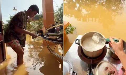 Lội nước lũ nấu “cơm cữ cho Hoàng hậu”, chồng Bắc Ninh khiến dân tình khen rần rần