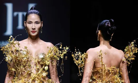 Hoàng Thuỳ mất 1 tiếng dát vàng lên cơ thể cho màn xuất hiện ấn tượng ở vị trí vedette tại SFW SS26