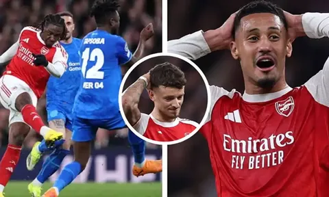 Saliba và White đứng hình sau bàn thắng thiên tài của Eze
