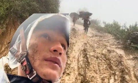 Xúc động hình ảnh thầy giáo vùng cao lấm lem bùn đất, tận tình hướng dẫn học trò vượt qua đoạn đường lầy