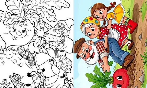 Tranh tô màu “Nhổ củ cải”, cách dạy trẻ tinh thần đoàn kết và hợp tác