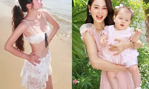Cô giáo hotgirl TP.HCM khoe dáng với bikini giữa biển, không ngờ vừa sinh con chưa lâu, ái nữ lai Tây như búp bê