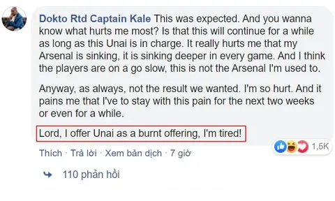 4 bình luận "nghìn like" về Arsenal: "Lạy Chúa! Con xin dâng Unai như lễ vật hỏa thiêu"