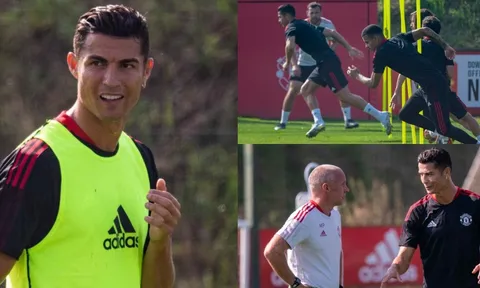 Ronaldo tập buổi đầu tiên với Man Utd: Dalot trầm trồ, đua tốc độ cùng Greenwood