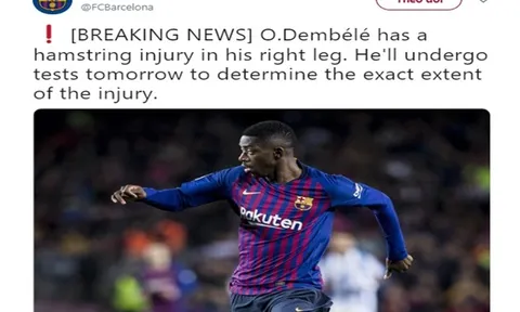HLV Valverde: 'Chấn thương gân kheo của Dembele là một cú sốc lớn'