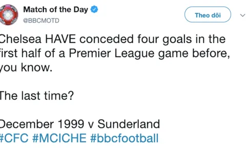 Sau 20 năm, Chelsea mới để thủng lưới 4 bàn trong hiệp 1 ở Premier League