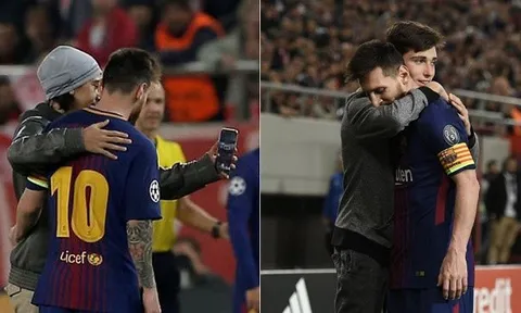 Báo động an ninh khi CĐV tự do ôm hôn Messi trong trận đấu với Olympiakos