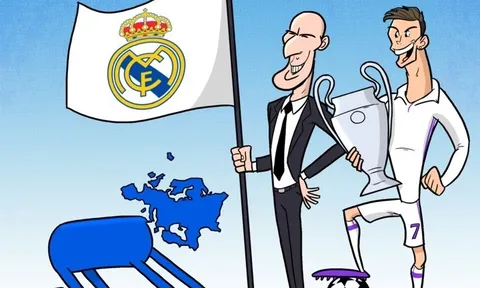 Biếm họa: Châu Âu quỳ gối trước Zidane và Ronaldo