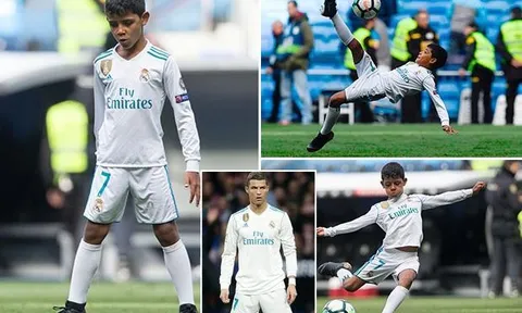 Con trai Ronaldo tái hiện pha ‘ngả bàn đèn’ của bố