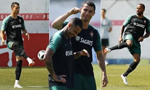 Ronaldo liên tục pha trò ở buổi tập của Bồ Đào Nha