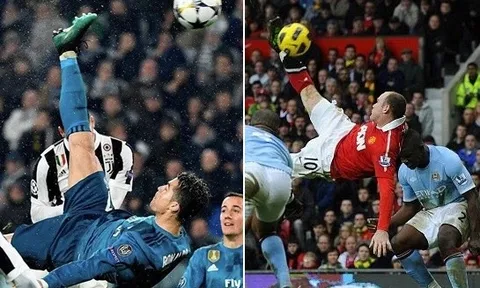 Ronaldo tái hiện siêu phẩm "xe đạp chổng ngược" của Wayne Rooney