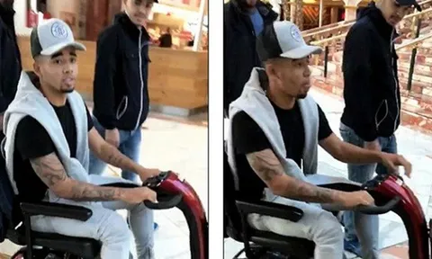 Bắt gặp Gabriel Jesus lái xe lăn chạy vòng quanh trung tâm thương mại