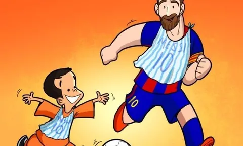 Biếm họa Messi diện đồng phục nylon như cậu bé