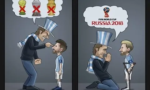 Biếm họa Argentina quỳ xuống xin Messi trợ giúp
