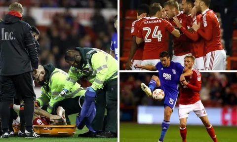 ‘Lord’ Bendtner thở bình oxy, rời sân bằng cáng