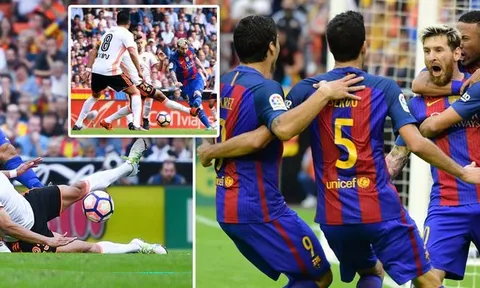 Messi sút thành công phạt đền rồi chạy tới khiêu khích CĐV Valencia