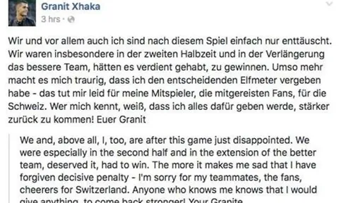 Xhaka đăng đàn xin lỗi vì khiến Thụy Sĩ bị loại