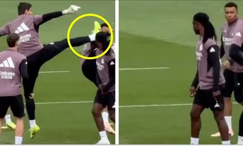 Courtois tung cước nguy hiểm suýt trúng đầu Mbappe trên sân tập