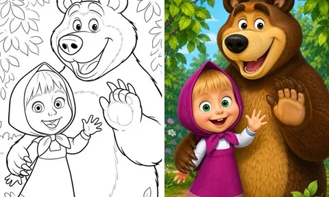 Tranh tô màu "Masha and the Bear" vui nhộn, dễ thương giúp bé phát triển khả năng sáng tạo