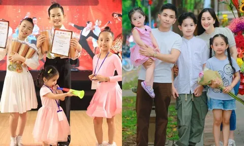 3 con của Khánh Thi và Phan Hiển đi đâu cũng có nhau, bé Lisa hí hửng thổi kèn mừng anh trai giành huy chương Vàng