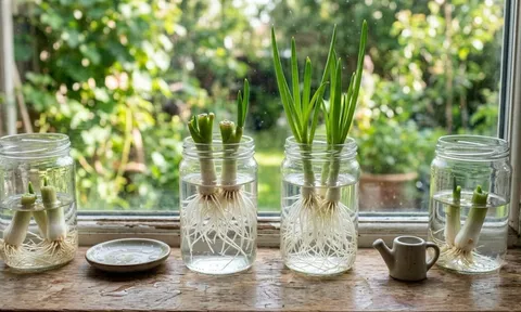 Chỉ cần cắm vào cốc nước, hành lá vẫn xanh tốt: Mẹo đơn giản giúp gia đình có rau gia vị tươi quanh năm