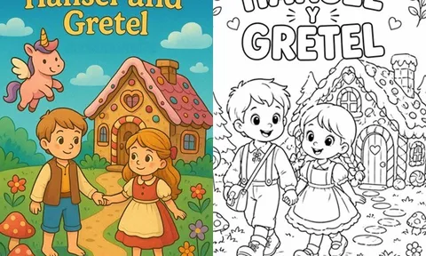 Tranh tô màu Hansel và Gretel, bé theo chân hai anh em vượt qua khu rừng và khám phá thế giới cổ tích đầy màu sắc