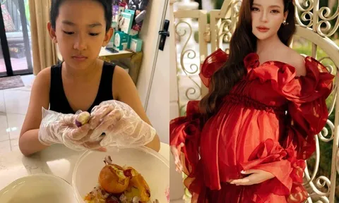 Quý tử quốc tịch Mỹ của Thúy Diễm 8 tuổi cao hơn 1m4, ra dáng anh cả sẵn sàng chăm lo cho em gái sắp chào đời