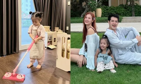 Con gái Đông Nhi - Ông Cao Thắng 2 tuổi tận tụy làm việc nhà, ngoại hình hưởng hết nét đẹp của bố mẹ