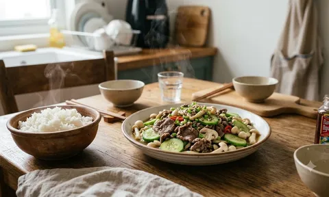 Thịt bò xào mãi với hành tây cũng chán, thử kết hợp dưa chuột và nấm: Món nhanh gọn, cả nhà ăn hết veo