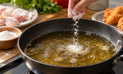 Vì sao người nội trợ lâu năm thường rắc một nhúm bột vào chảo dầu trước khi chiên?