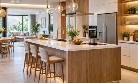 Tại sao nhiều gia đình ngày nay không làm bếp tựa tường mà lại để giữa phòng?
